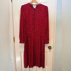 VTG Maggy London dress by Jeannine Booher‎ 100% silk Red Black pleated 1980 L 10